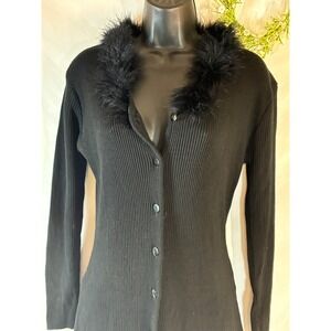 Vintage Mingle 2 Black Ribbed Knit Duster Cardigan Sweater Faux‎ Fur Collar USA